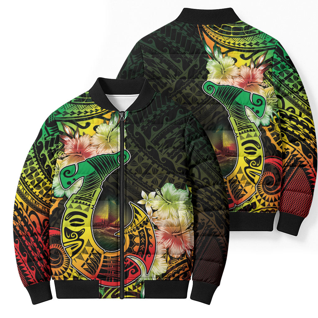 Hawaii Discoverers Day Bomber Puffer Jacket Polynesian Fish Hook With Hibiscus Reggae