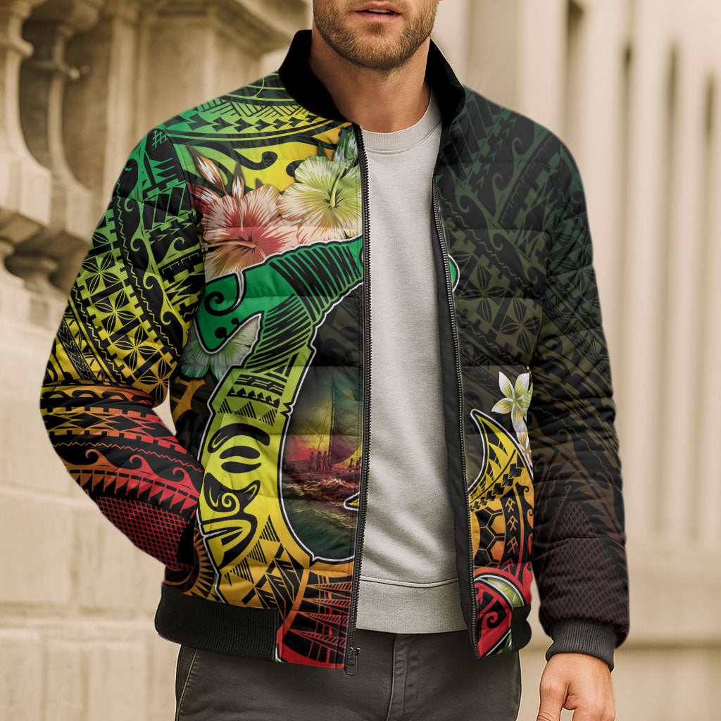 Hawaii Discoverers Day Bomber Puffer Jacket Polynesian Fish Hook With Hibiscus Reggae
