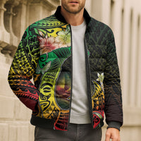 Hawaii Discoverers Day Bomber Puffer Jacket Polynesian Fish Hook With Hibiscus Reggae