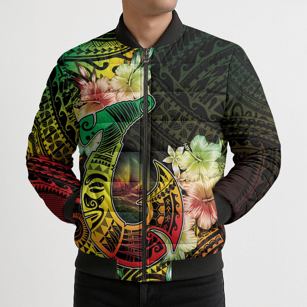 Hawaii Discoverers Day Bomber Puffer Jacket Polynesian Fish Hook With Hibiscus Reggae