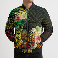 Hawaii Discoverers Day Bomber Puffer Jacket Polynesian Fish Hook With Hibiscus Reggae