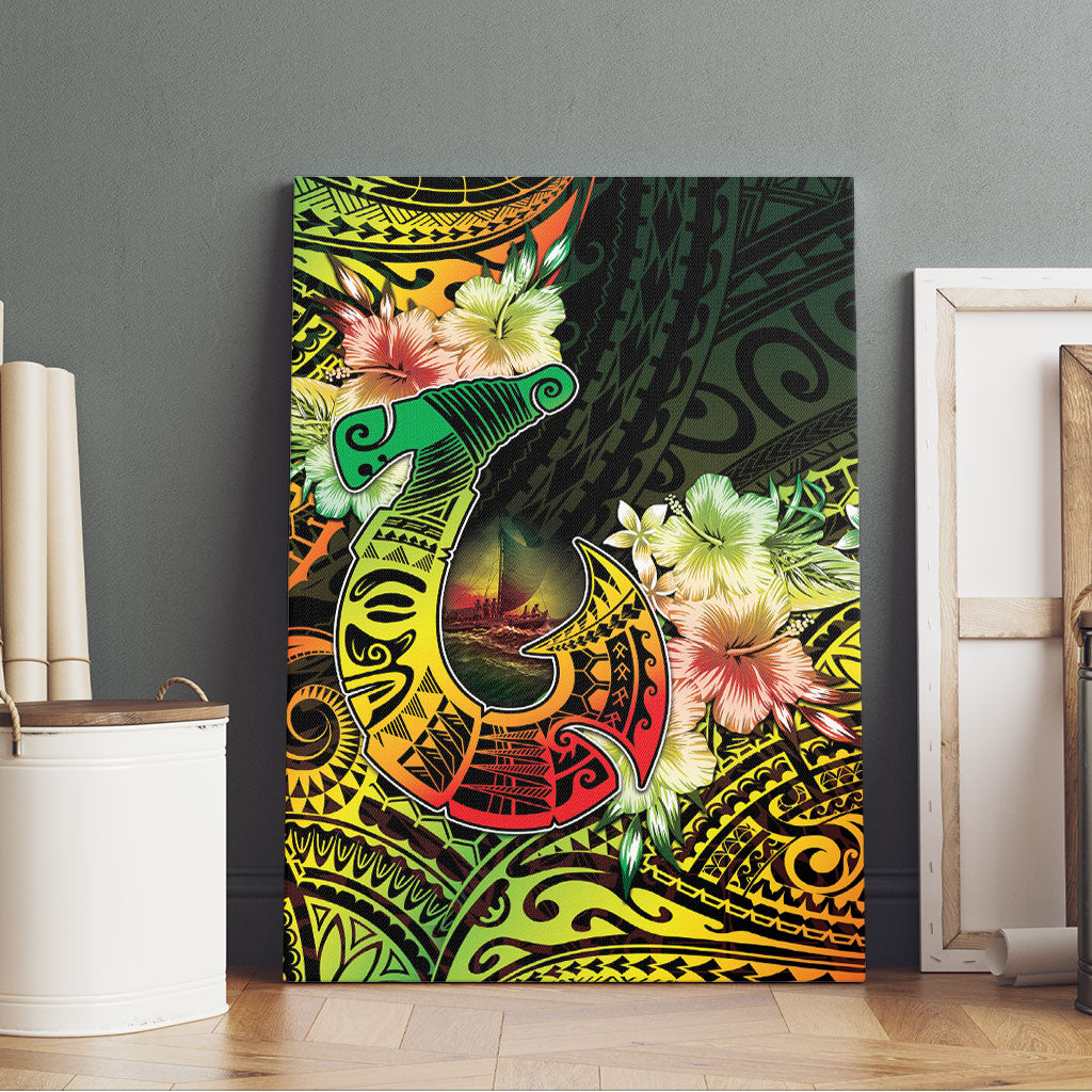 Hawaii Discoverers Day Canvas Wall Art Polynesian Fish Hook With Hibiscus Reggae