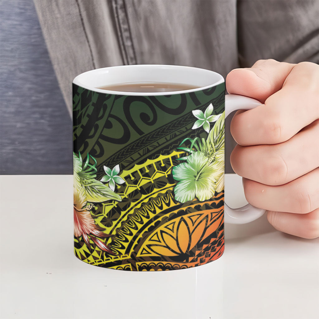 Hawaii Discoverers Day Ceramic Mug Polynesian Fish Hook With Hibiscus Reggae