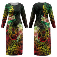 Hawaii Discoverers Day Couples Matching Long Sleeve Bodycon Dress and Long Sleeve Button Shirt Polynesian Fish Hook With Hibiscus Reggae