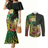 Hawaii Discoverers Day Couples Matching Mermaid Dress and Long Sleeve Button Shirt Polynesian Fish Hook With Hibiscus Reggae