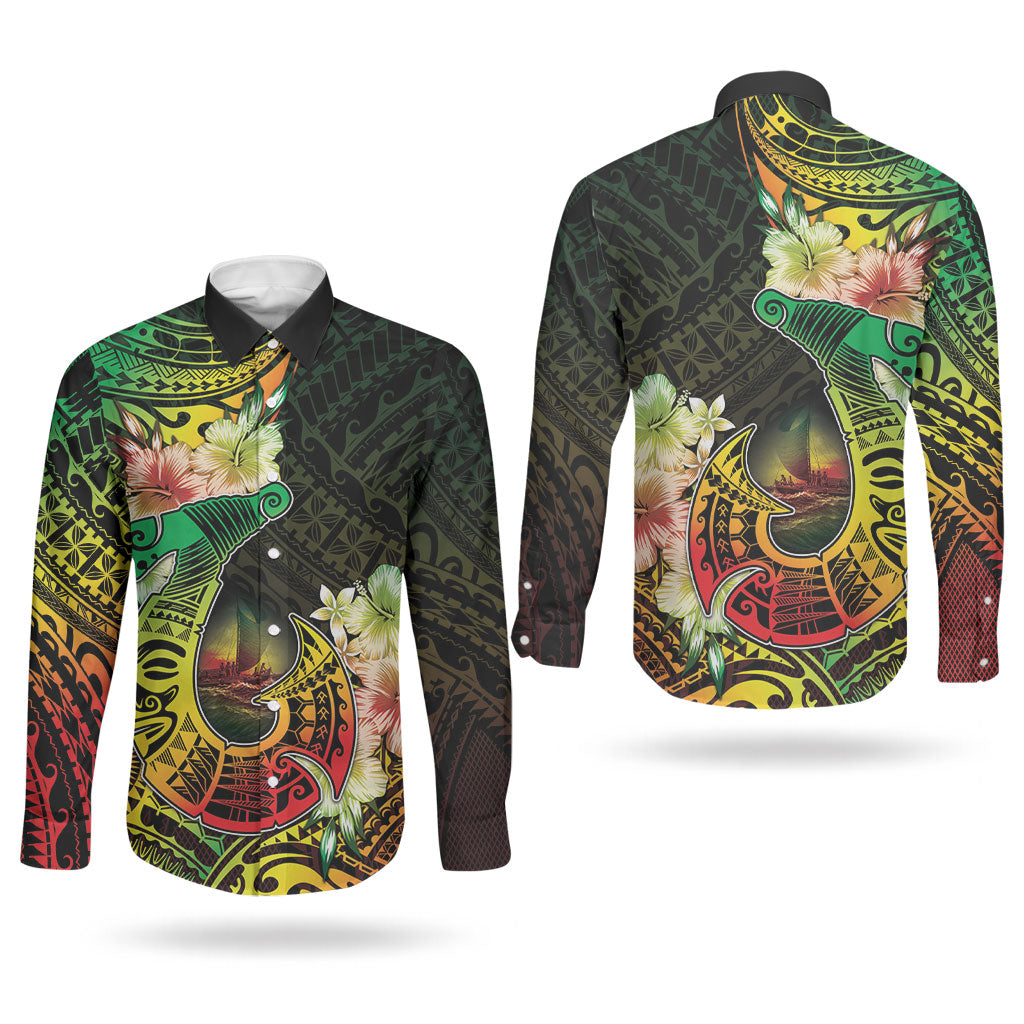 Hawaii Discoverers Day Couples Matching Mermaid Dress and Long Sleeve Button Shirt Polynesian Fish Hook With Hibiscus Reggae