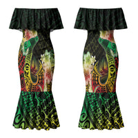 Hawaii Discoverers Day Couples Matching Mermaid Dress and Long Sleeve Button Shirt Polynesian Fish Hook With Hibiscus Reggae