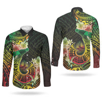 Hawaii Discoverers Day Couples Matching Off The Shoulder Long Sleeve Dress and Long Sleeve Button Shirt Polynesian Fish Hook With Hibiscus Reggae