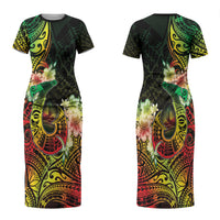 Hawaii Discoverers Day Couples Matching Short Sleeve Bodycon Dress and Long Sleeve Button Shirt Polynesian Fish Hook With Hibiscus Reggae