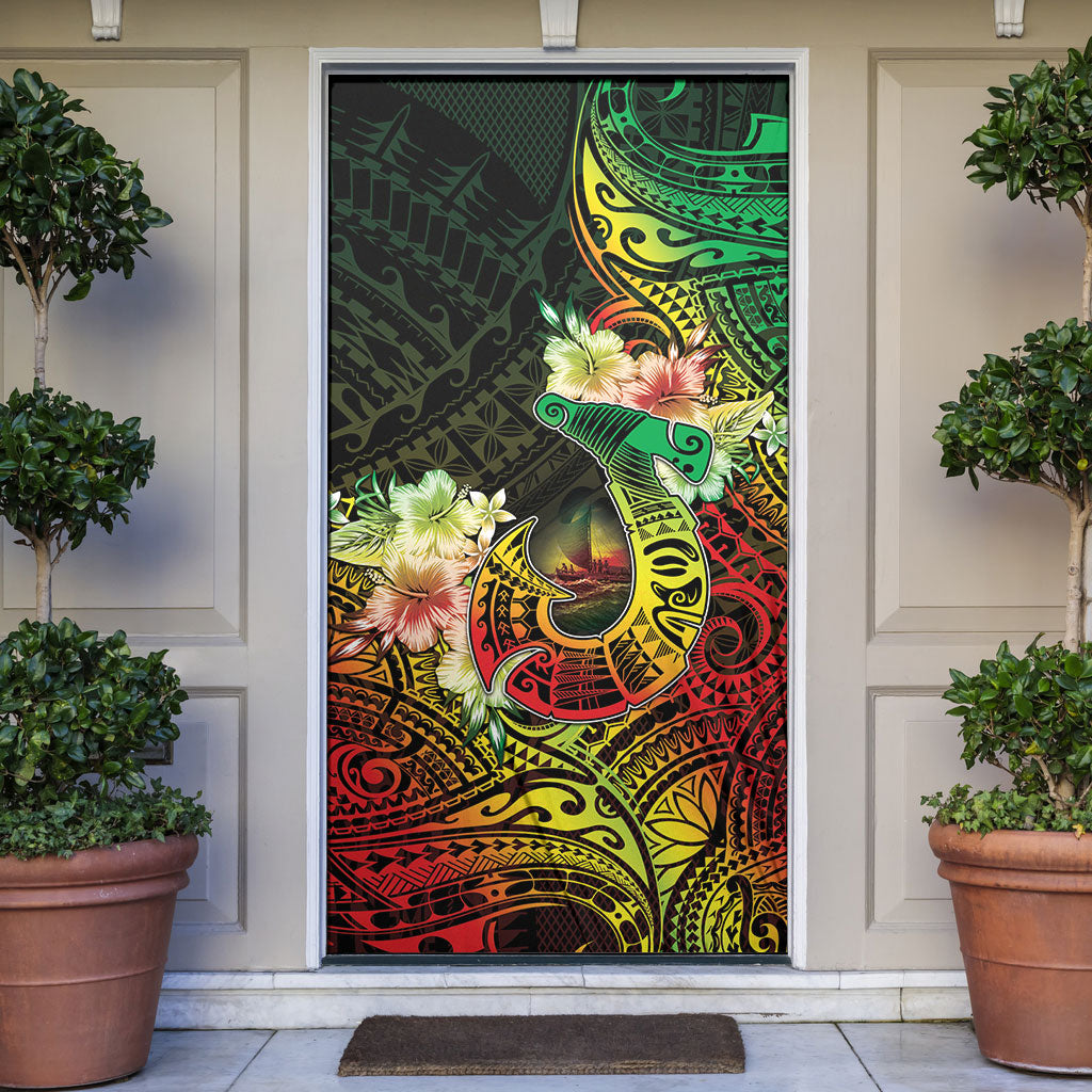 Hawaii Discoverers Day Door Cover Polynesian Fish Hook With Hibiscus Reggae