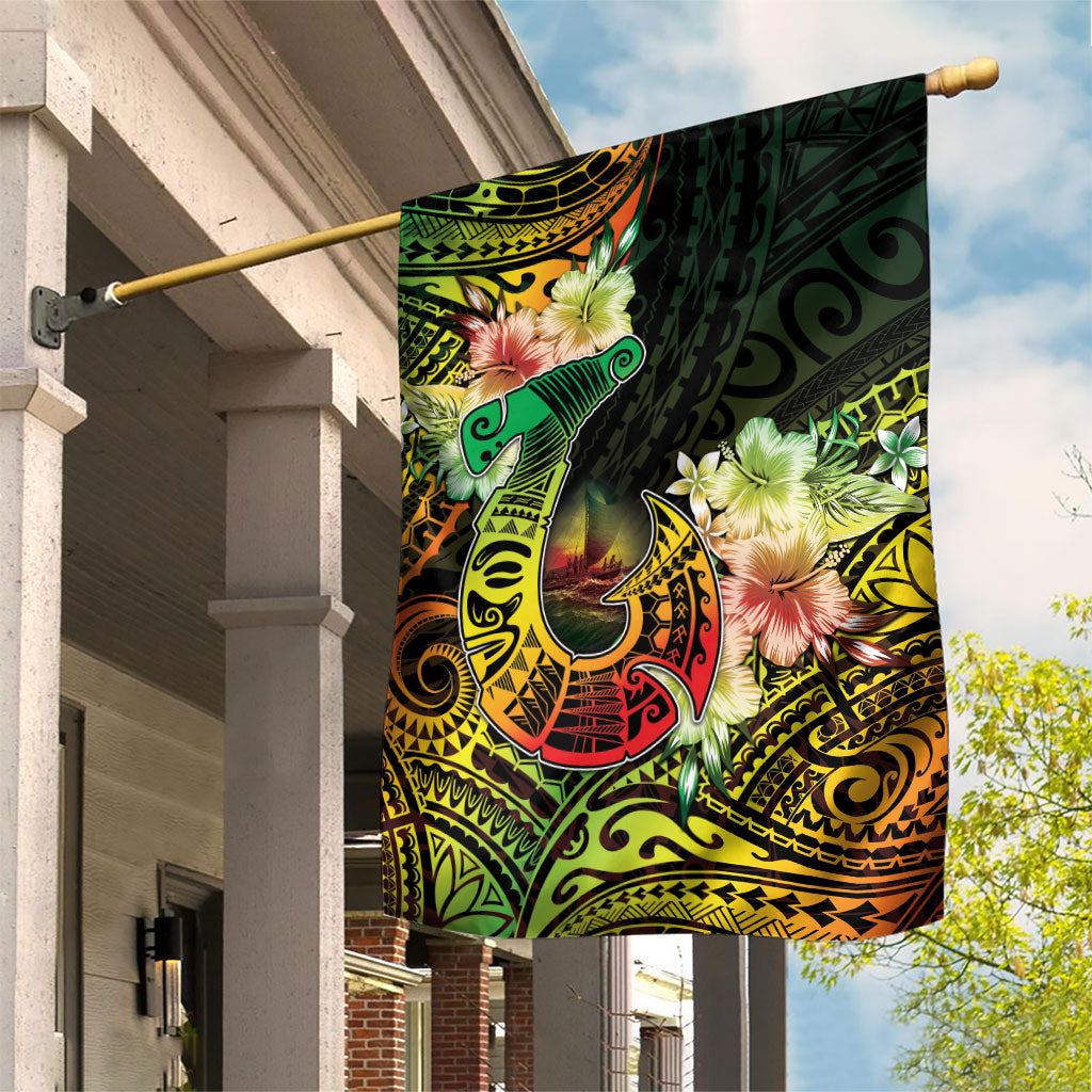 Hawaii Discoverers Day Garden Flag Polynesian Fish Hook With Hibiscus Reggae