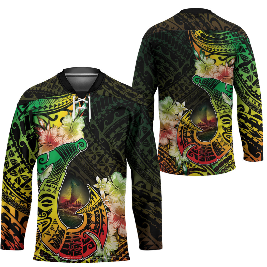 Hawaii Discoverers Day Hockey Jersey Polynesian Fish Hook With Hibiscus Reggae LT05 - Polynesian Pride