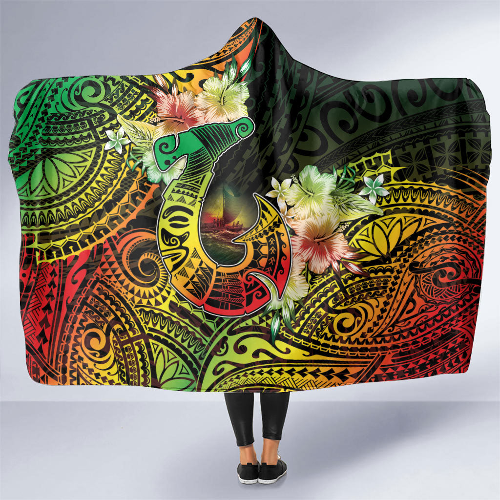 Hawaii Discoverers Day Hooded Blanket Polynesian Fish Hook With Hibiscus Reggae LT05 One Size Reggae - Polynesian Pride