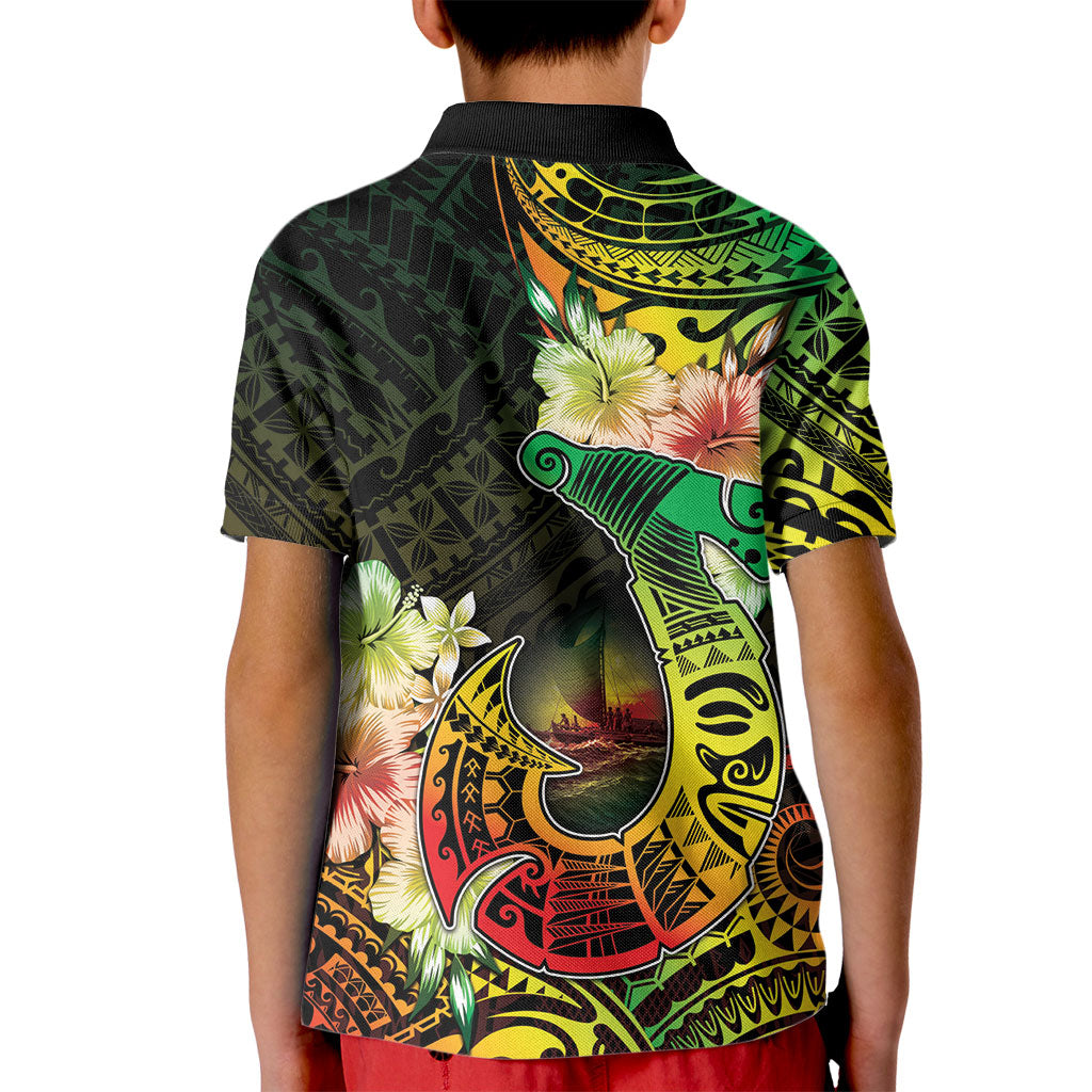 Hawaii Discoverers Day Kid Polo Shirt Polynesian Fish Hook With Hibiscus Reggae