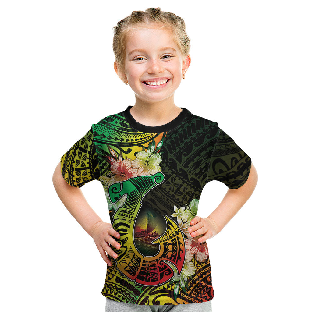Hawaii Discoverers Day Kid T Shirt Polynesian Fish Hook With Hibiscus Reggae
