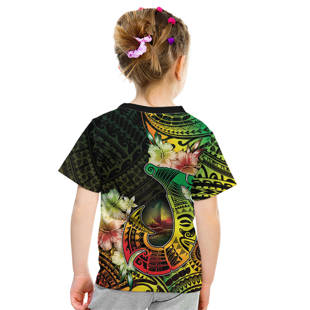 Hawaii Discoverers Day Kid T Shirt Polynesian Fish Hook With Hibiscus Reggae LT05 - Polynesian Pride