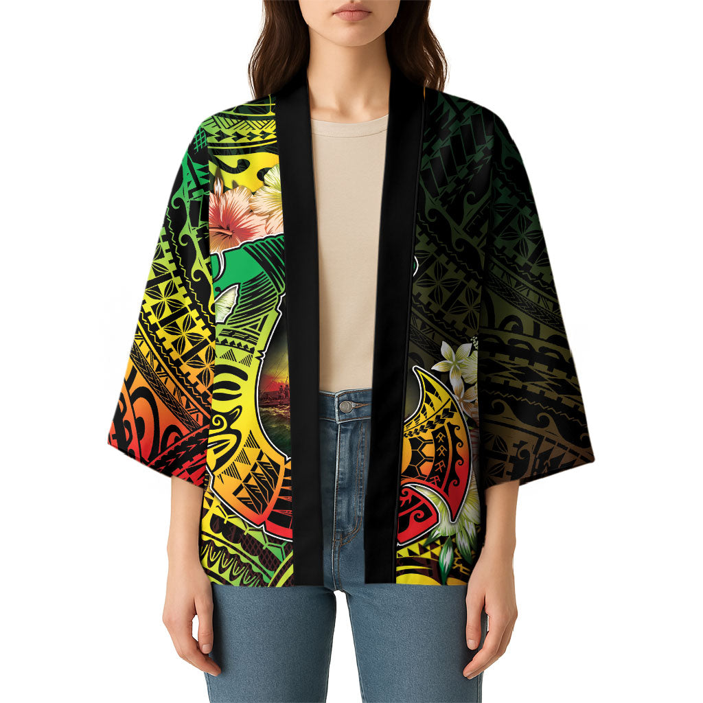 Hawaii Discoverers Day Kimono Polynesian Fish Hook With Hibiscus Reggae