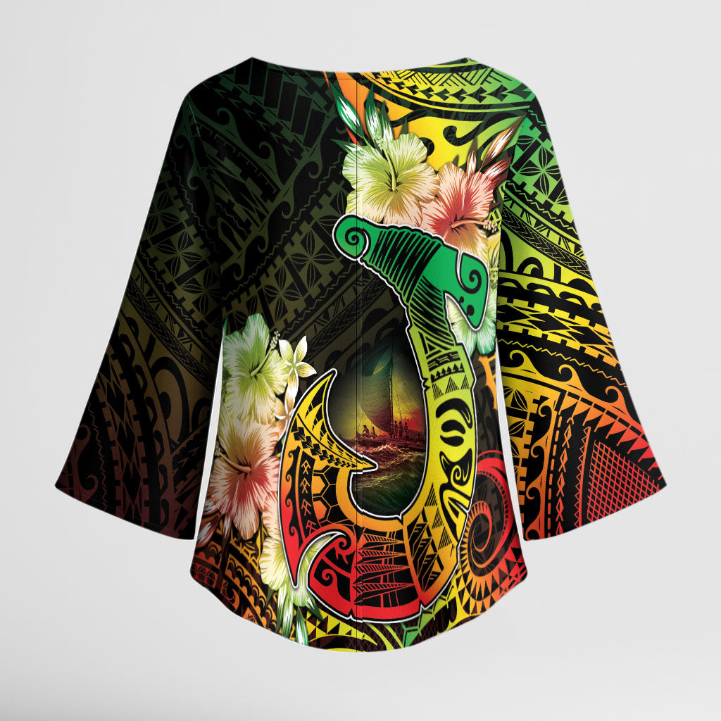 Hawaii Discoverers Day Kimono Sleeve Blouse Polynesian Fish Hook With Hibiscus Reggae LT05 - Polynesian Pride