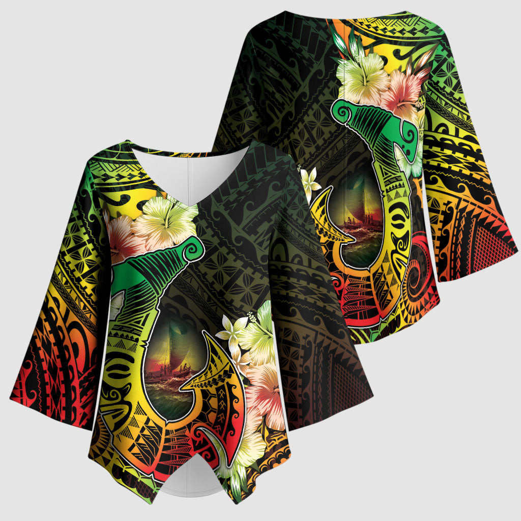 Hawaii Discoverers Day Kimono Sleeve Blouse Polynesian Fish Hook With Hibiscus Reggae LT05 - Polynesian Pride