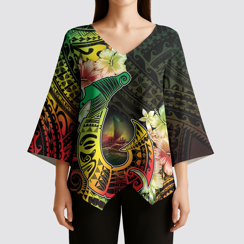 Hawaii Discoverers Day Kimono Sleeve Blouse Polynesian Fish Hook With Hibiscus Reggae LT05 - Polynesian Pride