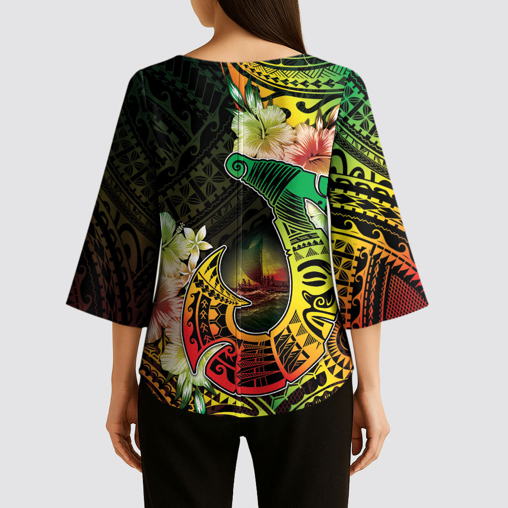 Hawaii Discoverers Day Kimono Sleeve Blouse Polynesian Fish Hook With Hibiscus Reggae LT05 - Polynesian Pride