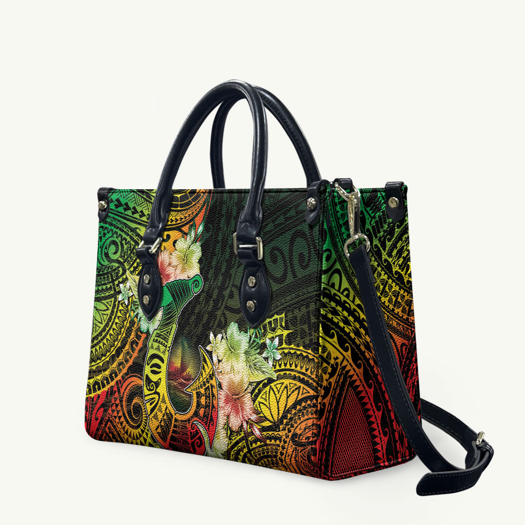 Hawaii Discoverers Day Leather Bag Polynesian Fish Hook With Hibiscus Reggae