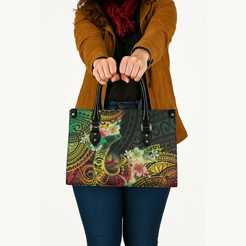 Hawaii Discoverers Day Leather Bag Polynesian Fish Hook With Hibiscus Reggae
