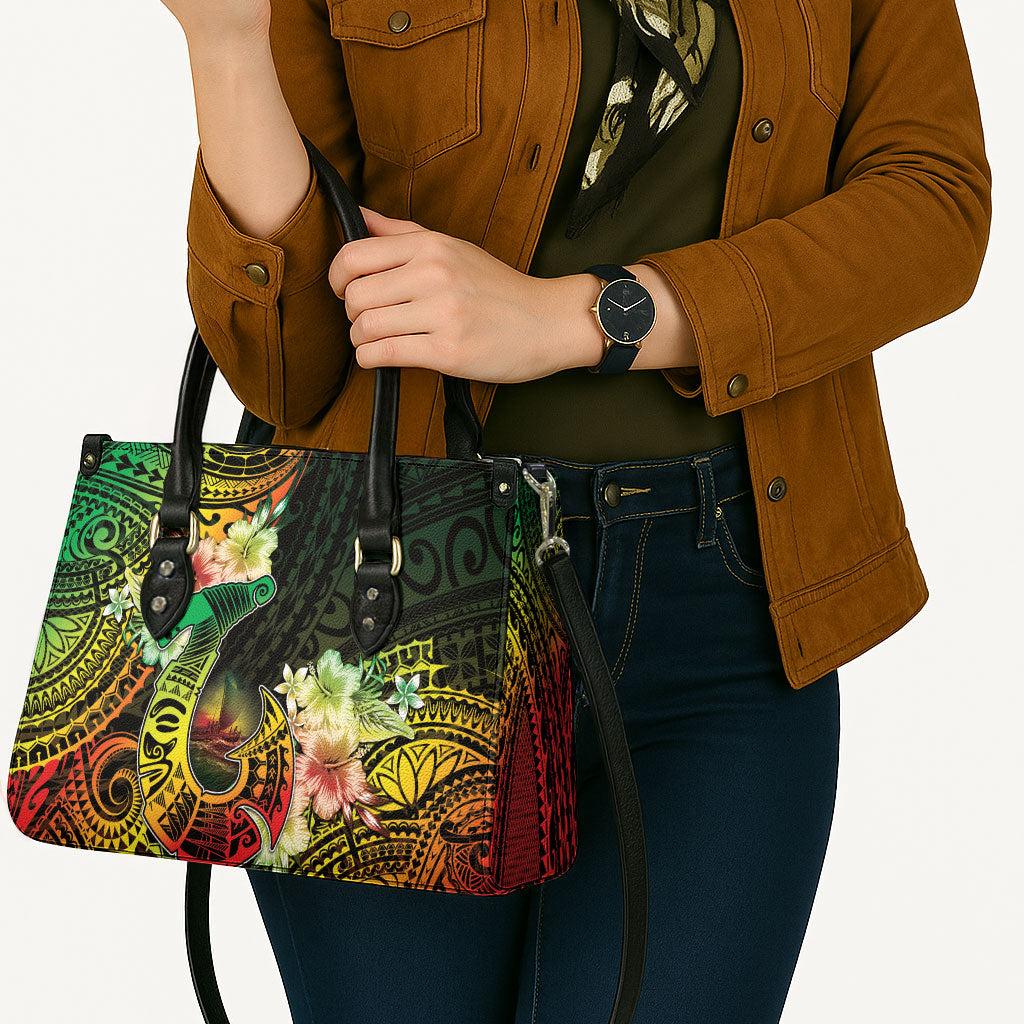 Hawaii Discoverers Day Leather Bag Polynesian Fish Hook With Hibiscus Reggae