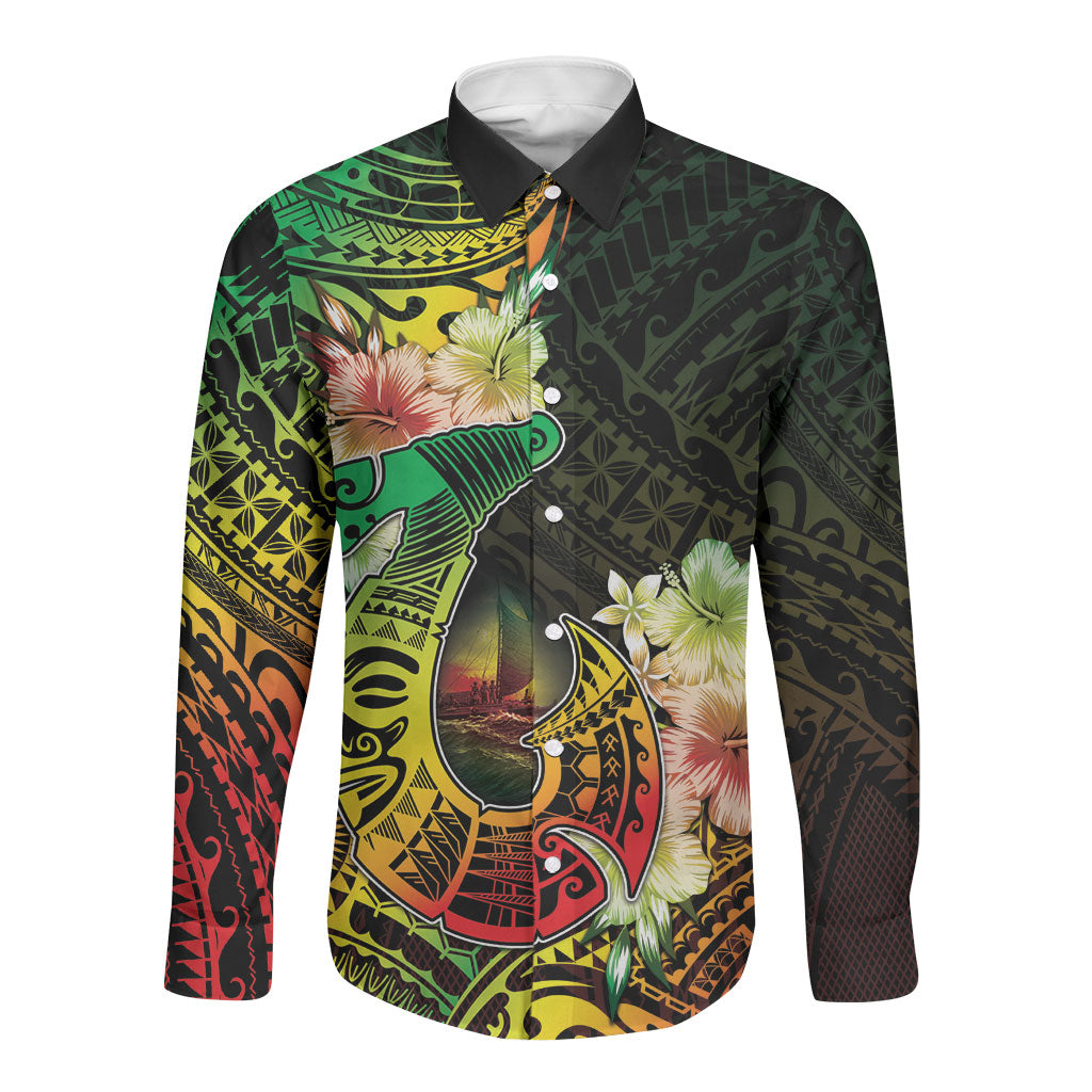 Hawaii Discoverers Day Long Sleeve Button Shirt Polynesian Fish Hook With Hibiscus Reggae LT05 Unisex Reggae - Polynesian Pride