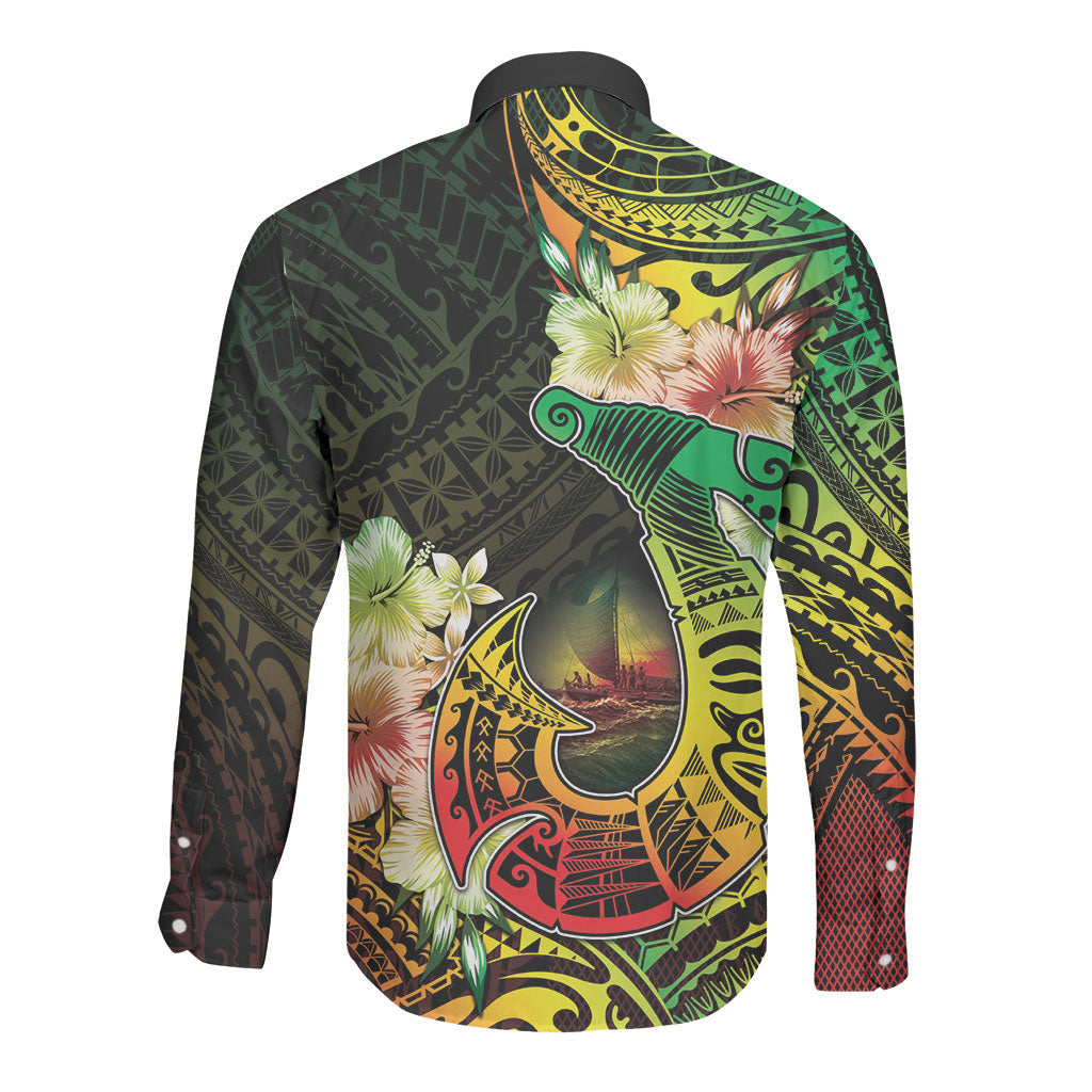 Hawaii Discoverers Day Long Sleeve Button Shirt Polynesian Fish Hook With Hibiscus Reggae LT05 - Polynesian Pride