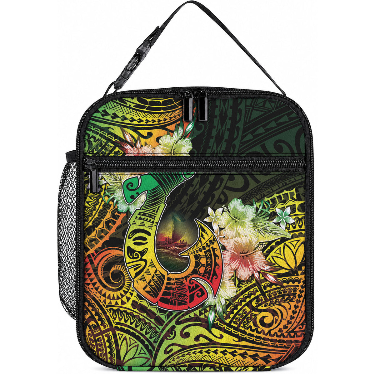 Hawaii Discoverers Day Lunch Bag Polynesian Fish Hook With Hibiscus Reggae