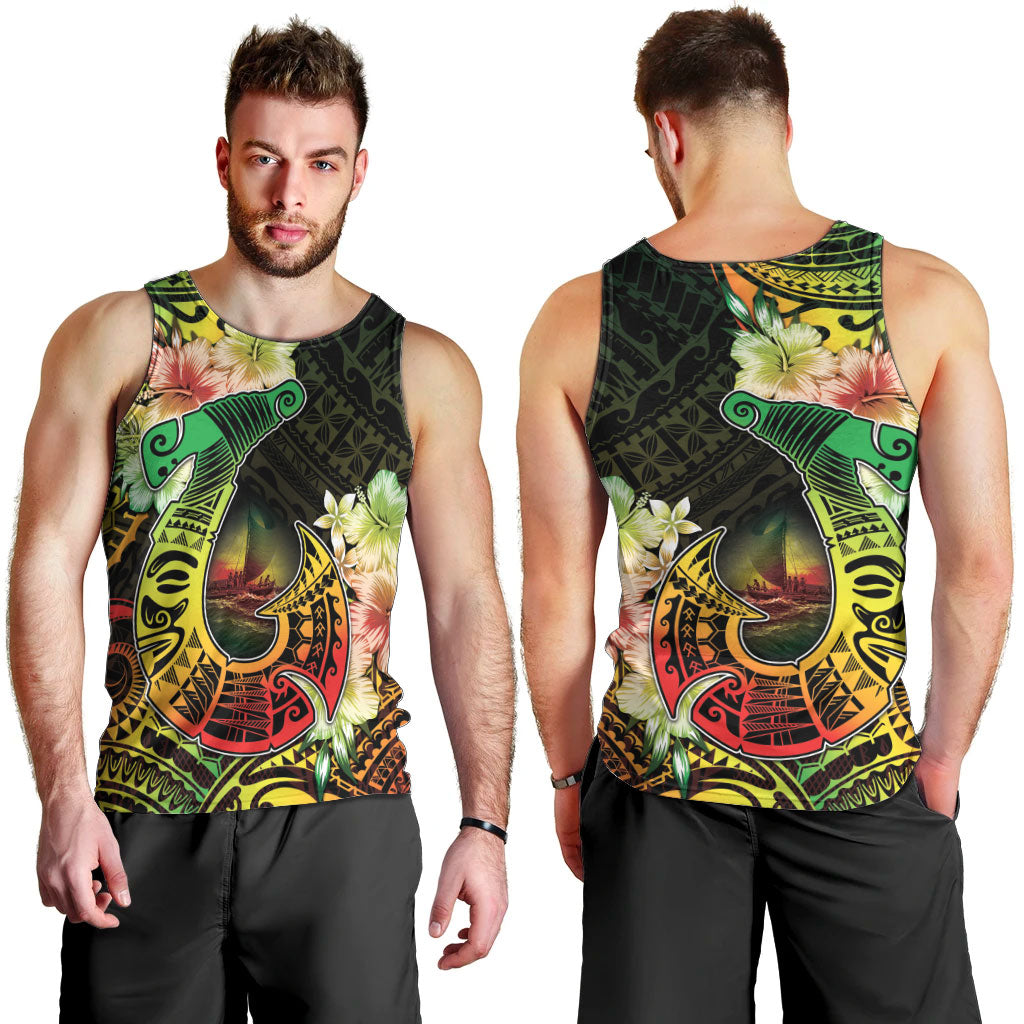 Hawaii Discoverers Day Men Tank Top Polynesian Fish Hook With Hibiscus Reggae LT05 - Polynesian Pride