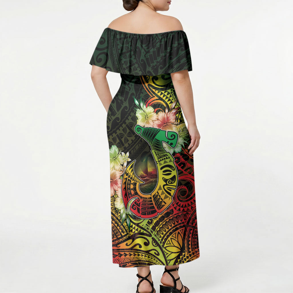 Hawaii Discoverers Day Off Shoulder Maxi Dress Polynesian Fish Hook With Hibiscus Reggae LT05 - Polynesian Pride