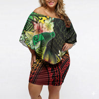 Hawaii Discoverers Day Off Shoulder Short Dress Polynesian Fish Hook With Hibiscus Reggae LT05 Women Reggae - Polynesian Pride