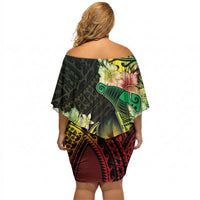 Hawaii Discoverers Day Off Shoulder Short Dress Polynesian Fish Hook With Hibiscus Reggae LT05 - Polynesian Pride