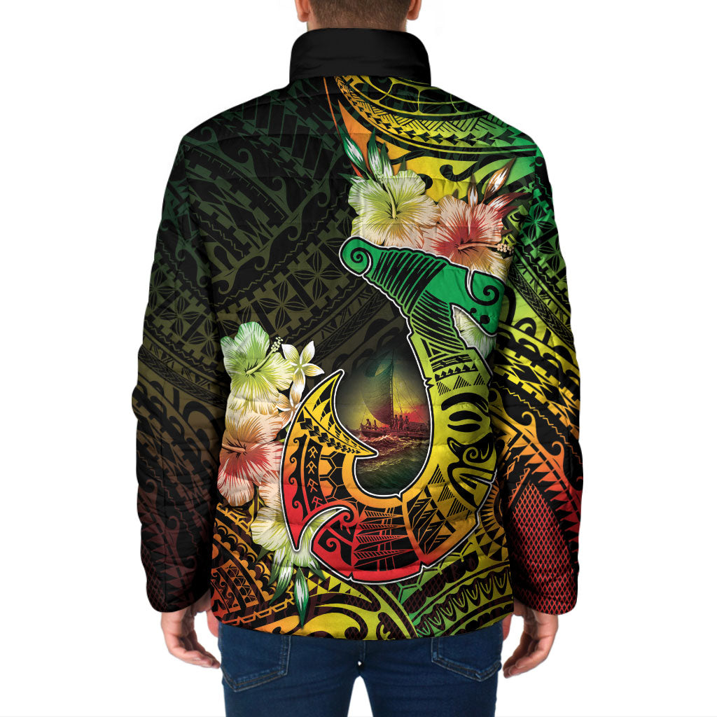 Hawaii Discoverers Day Padded Jacket Polynesian Fish Hook With Hibiscus Reggae