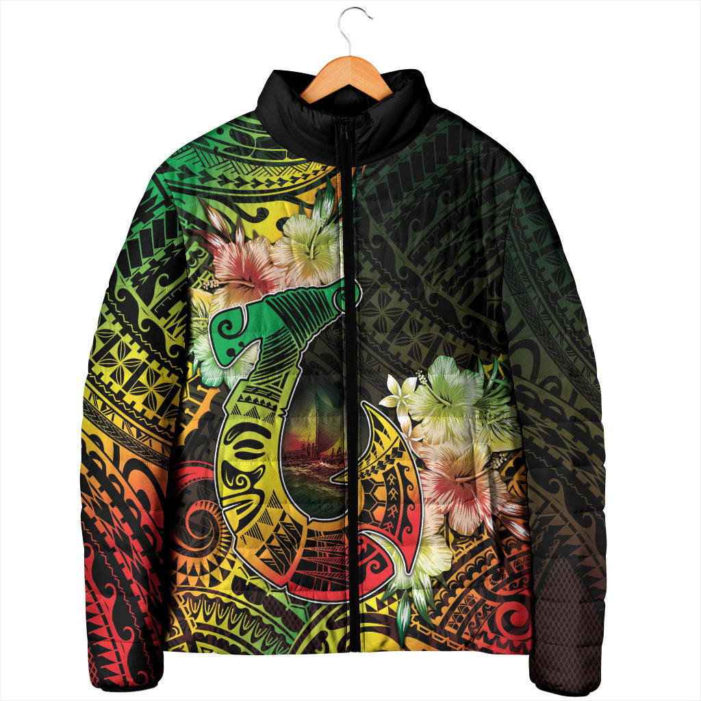 Hawaii Discoverers Day Padded Jacket Polynesian Fish Hook With Hibiscus Reggae
