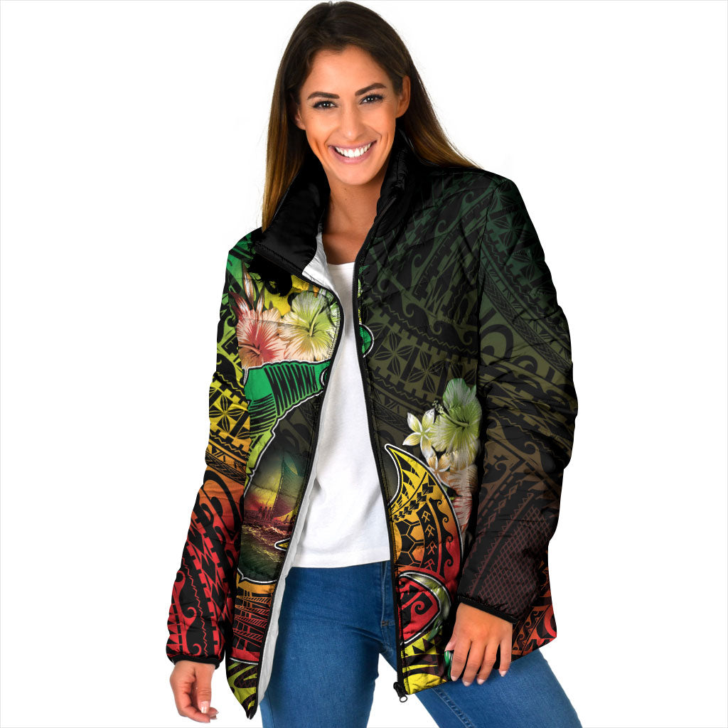 Hawaii Discoverers Day Padded Jacket Polynesian Fish Hook With Hibiscus Reggae