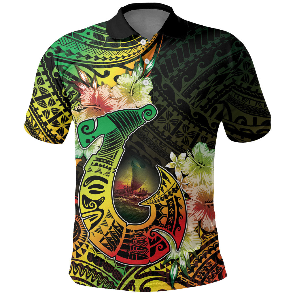 Hawaii Discoverers Day Polo Shirt Polynesian Fish Hook With Hibiscus Reggae