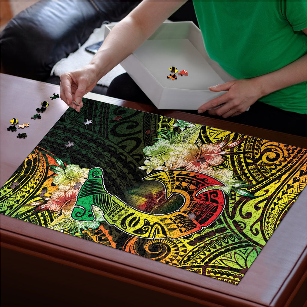 Hawaii Discoverers Day Puzzle Polynesian Fish Hook With Hibiscus Reggae
