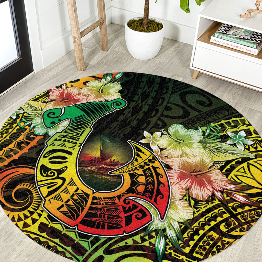 Hawaii Discoverers Day Round Carpet Polynesian Fish Hook With Hibiscus Reggae
