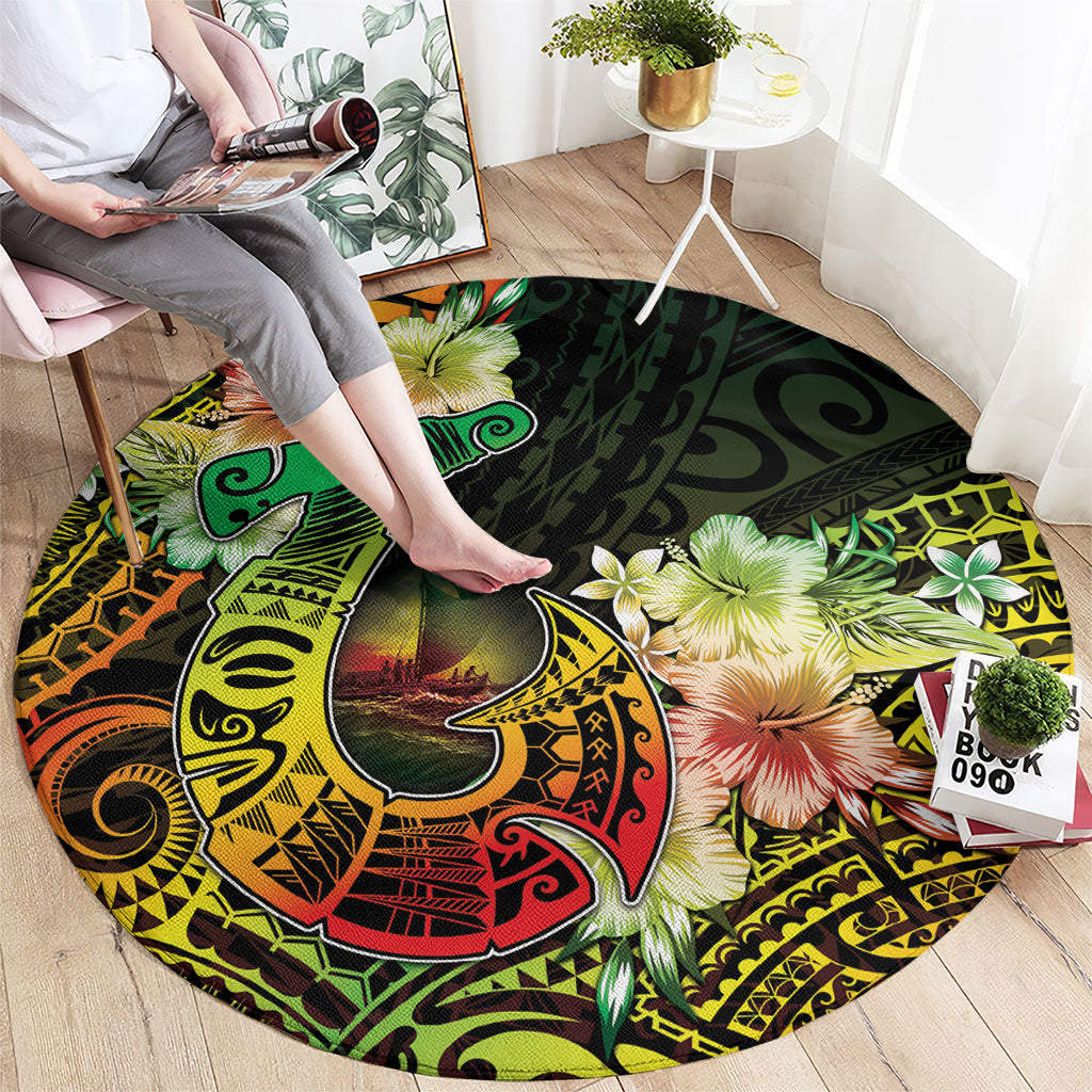 Hawaii Discoverers Day Round Carpet Polynesian Fish Hook With Hibiscus Reggae