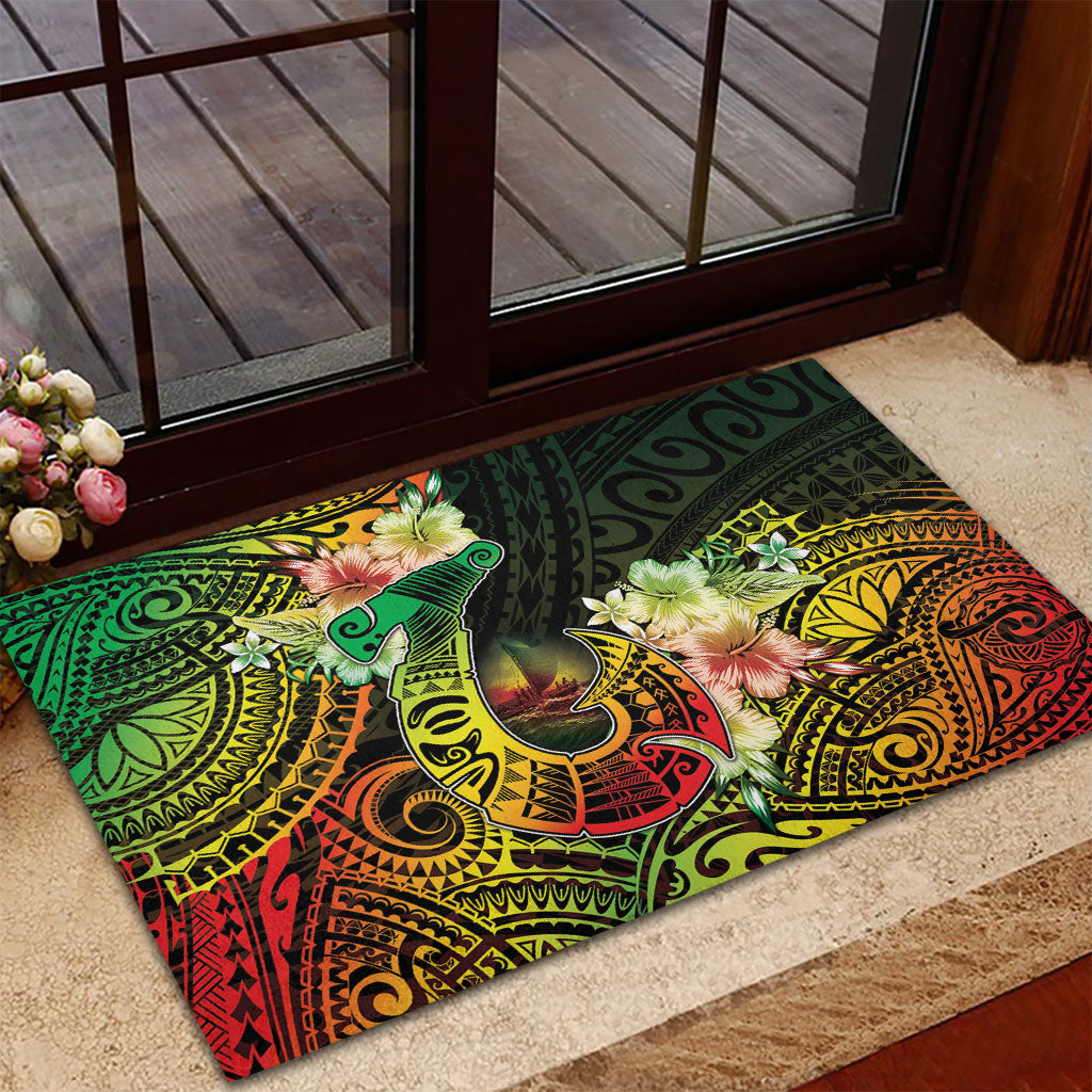 Hawaii Discoverers Day Rubber Doormat Polynesian Fish Hook With Hibiscus Reggae