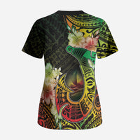 Hawaii Discoverers Day Scrub Top Polynesian Fish Hook With Hibiscus Reggae