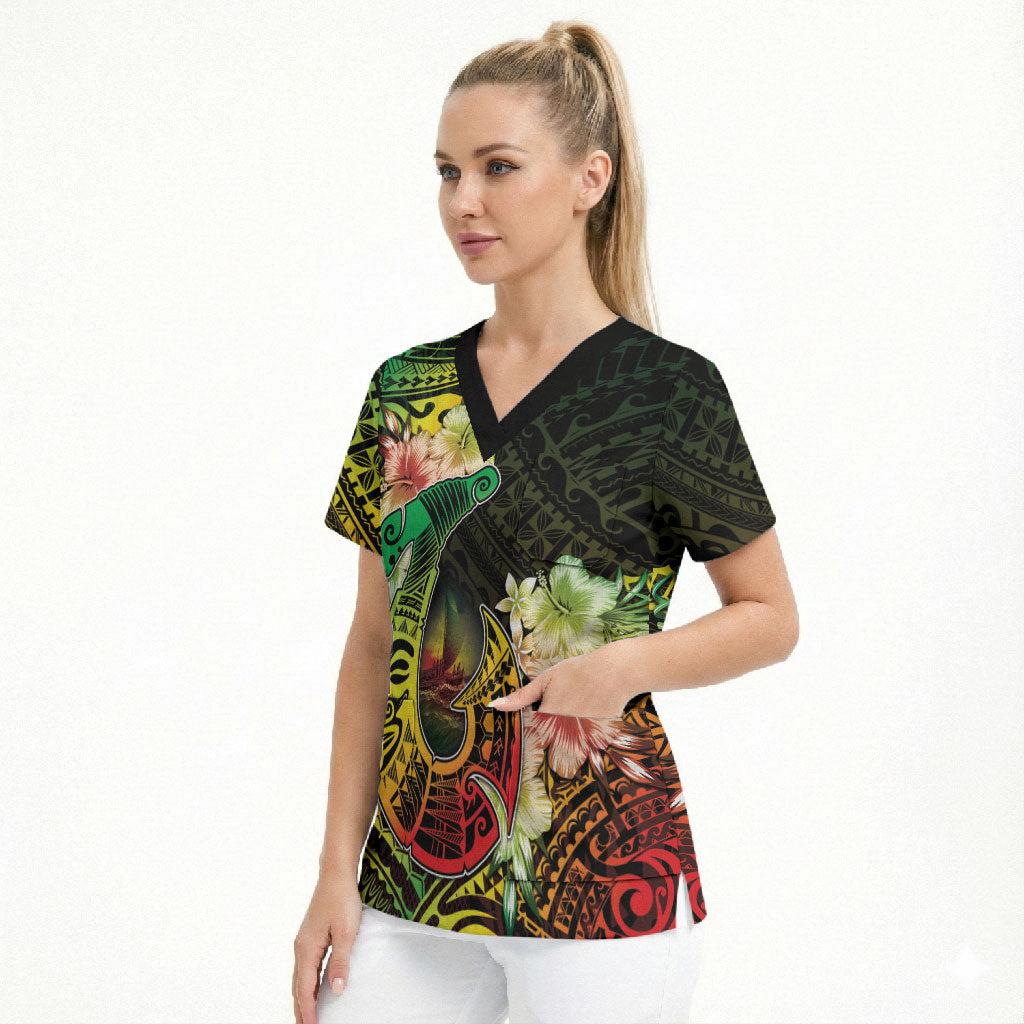 Hawaii Discoverers Day Scrub Top Polynesian Fish Hook With Hibiscus Reggae