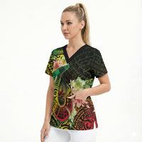 Hawaii Discoverers Day Scrub Top Polynesian Fish Hook With Hibiscus Reggae