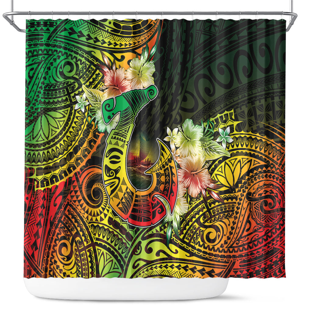 Hawaii Discoverers Day Shower Curtain Polynesian Fish Hook With Hibiscus Reggae LT05 Reggae - Polynesian Pride