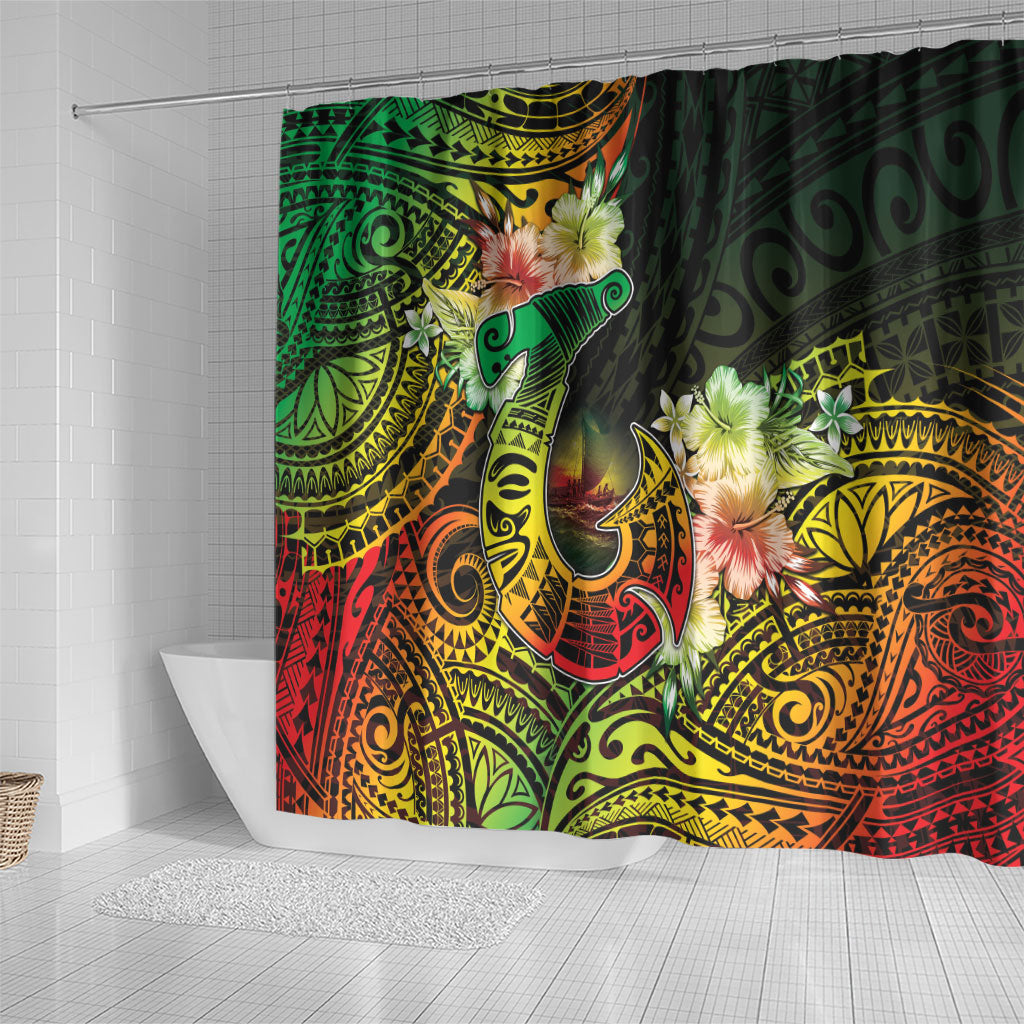 Hawaii Discoverers Day Shower Curtain Polynesian Fish Hook With Hibiscus Reggae