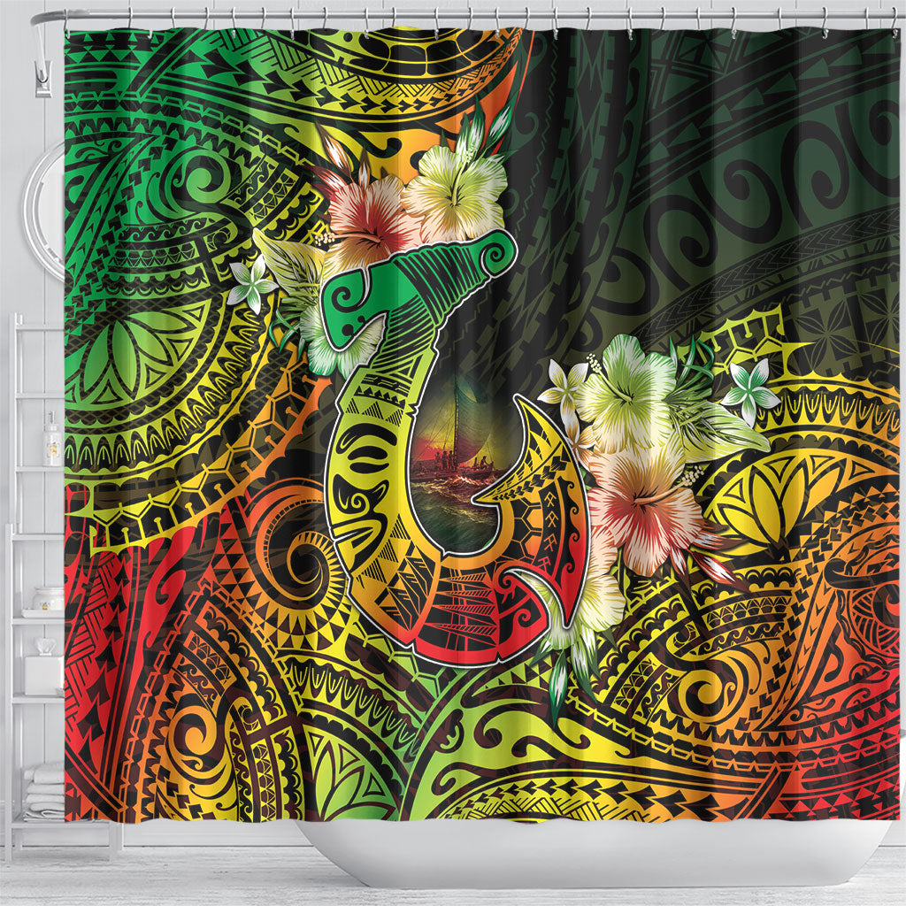 Hawaii Discoverers Day Shower Curtain Polynesian Fish Hook With Hibiscus Reggae