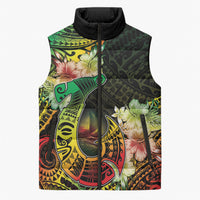 Hawaii Discoverers Day Sleeveless Puffer Jacket Polynesian Fish Hook With Hibiscus Reggae